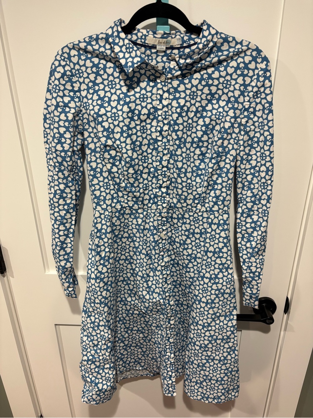Boden Blue White Heart Print Shirt Dress Size 8 Cotton Pockets